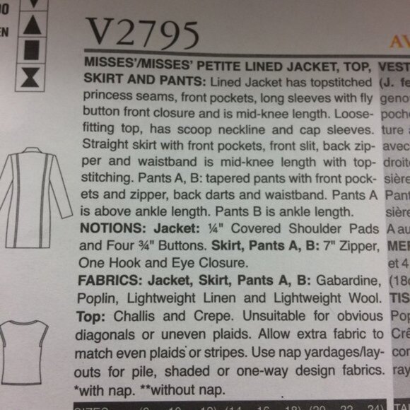 Vogue Pattern 2795 Long Jacket Skirt Top Pants Capris 8-12 Uncut May Be Petite - Picture 3 of 12